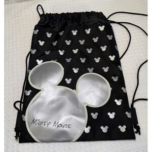 Disney Mickey Mouse Drawstring Backpack Black Silver Gym Bag Cinch Sack